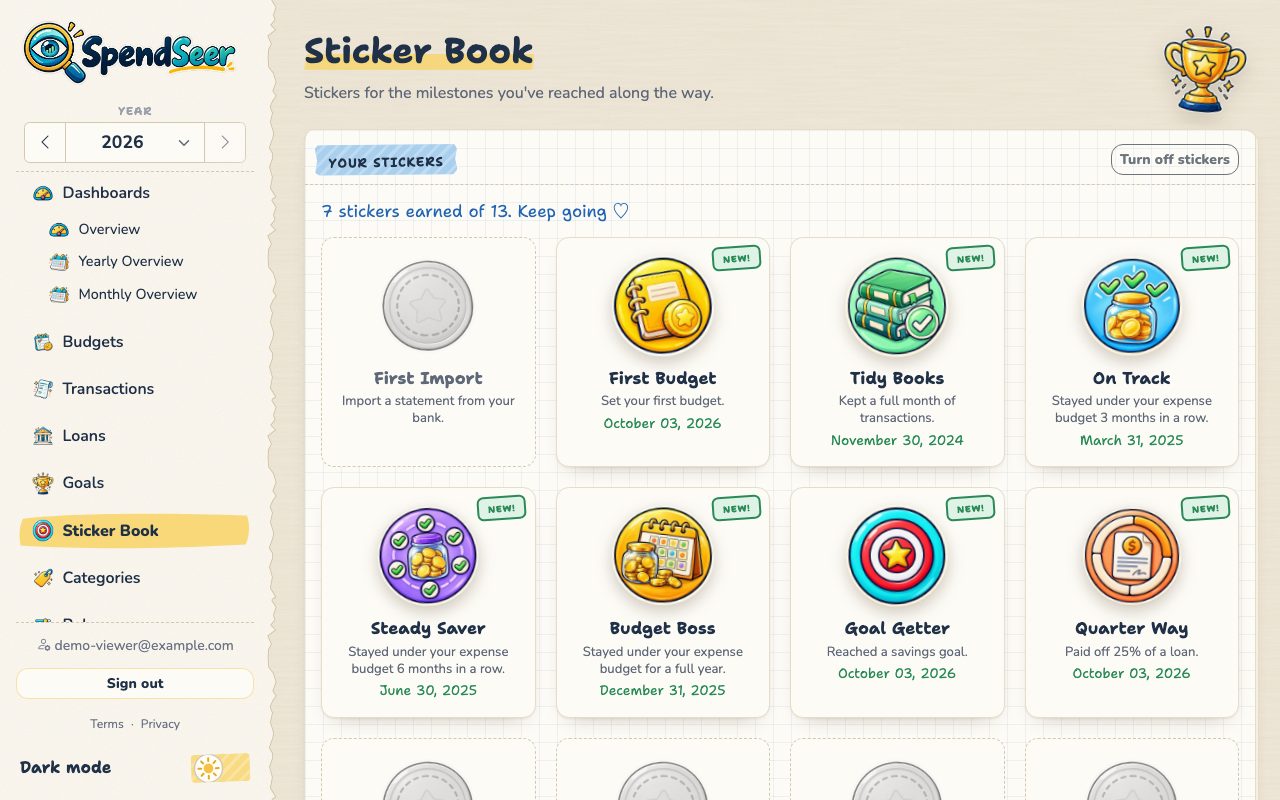 Sticker Book page showing earned stickers such as First Budget, On Track, and Goal Getter, with grey placeholders for stickers not yet earned.