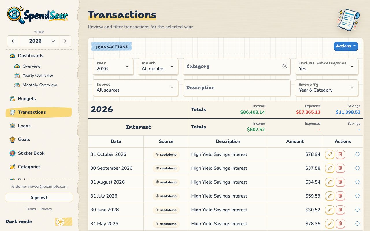 Transactions page with filters, yearly totals, and a list of transactions grouped by category.
